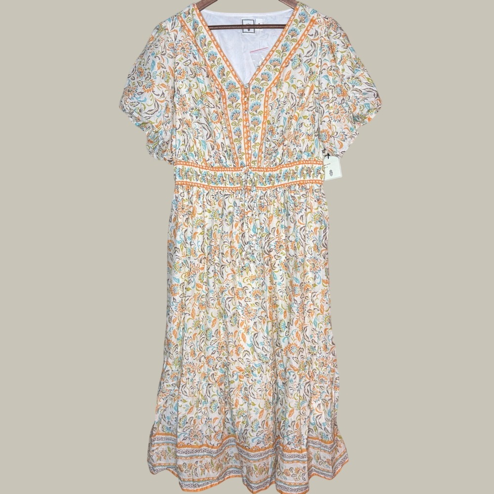 Lea Puff Sleeve V-Neck Boho Maxi Dress CottageCore Poplin Floral Print NWT
